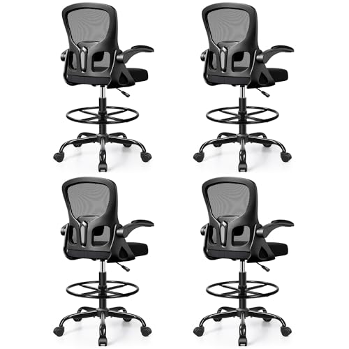 Image of 4-Pack Drafting Chair Tall Office Chair for Standing Desk - Ergonomic Computer Work Stool with Flip-up Arms, Foot Ring & Adjustable Lumbar Support. Ideal for Studio, Artist,Study (Black)