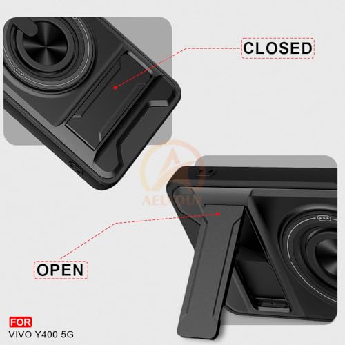 Image of Vivo Y400 5G Back Cover | Armor Camera Slider 360 Degree Rotating Finger Ring Holder Case with Bracket Stand Back Case Cover (Compatible with MagSafe Accessories) (Black)