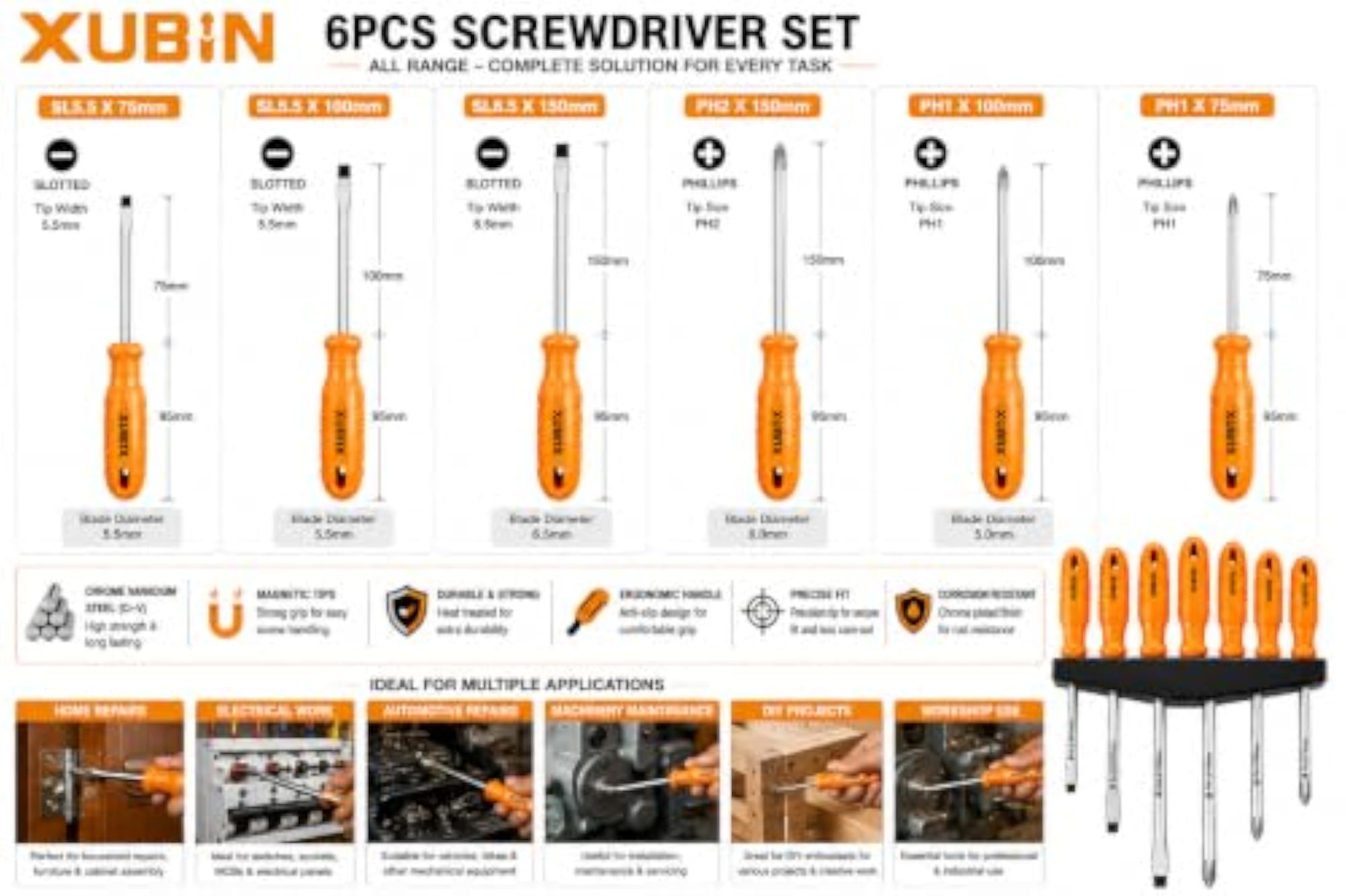 Okasta 6-Piece Screwdriver Set with Wall Mount Holder, Ergonomic Handles