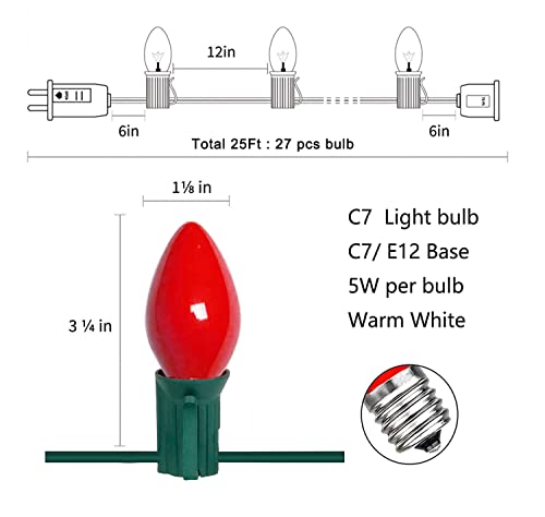 Image of C7 Red Christmas Lights Outdoor, 25Ft C7 Incandescent Christmas Decorations String Lights With 27 Red Ceramic Bulbs, Vintage Christmas Lights for Outdoor Roofline Patio Party Xmas Tree Valentines