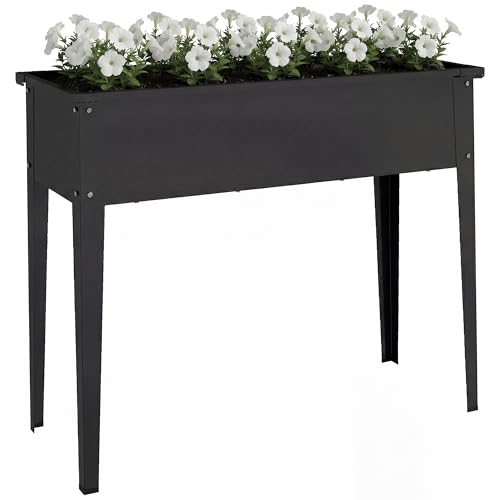 Outsunny Potager sur Pieds en Métal, Jardinière Surélevée 80L avec Bords arrondis, Trou de Drainage, Carré Potager Surélevé pour Plantes Fleurs Légumes, 100 x 40 x 80 cm, Noir