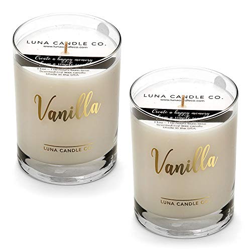 LUNA CANDLE CO. Vanilla Scented Jar Candle in 11oz. Clear Glass, Single Wick, Soy Wax, Up to 110 Hours of Burn Time, Great Gift for Home, Wedding, Birthday, Spa (2 Pack)