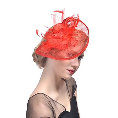 Fascinators chapeau femmes rouge bibi mariage avec pince cheveux plume fleur