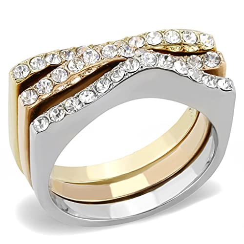 YourJewelleryBox TRI Colour Stacking Simulated Diamond Ring Stainless Steel Gold Rose Size S TK3234PB
