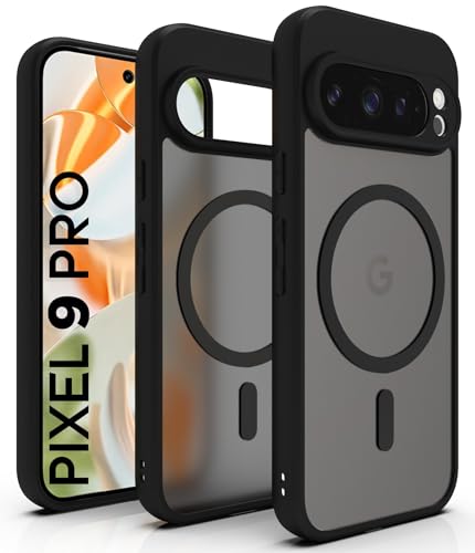 Image of RIGGEAR Shockproof Sleek Hybrid Armor Magnetic Back Cover Case Compatible with MagSafe Accessories for Google Pixel 9 Pro (Smoke Black Matte PC + Black TPU Bumper)