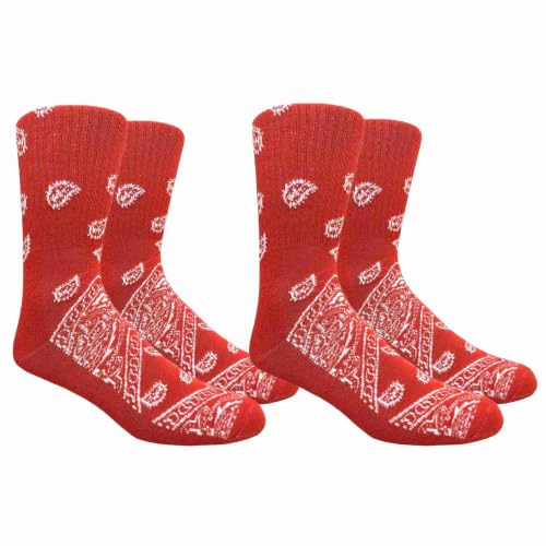 COUVER Bandana Crew Socks, Red, Size 10-13, 2 Pairs