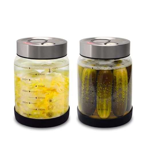 Fermentierglas 1L mit Deckel: 2 Stück Doppelanschluss-Auslassventil Gärglas für Haushaltsfermenter- Sauerkraut Fermentationsglas mit Präzisionswaage-Rutschfest Einmachglas für Gurken und Radieschen