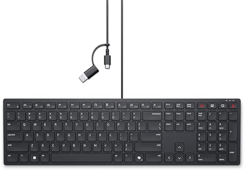 Dell Pro KB525C Silent Wired Collaboration Keyboard, Backlit, USB Type C, Built-in Copilot Key, Plunger Key Switch, 15 Programmable Keys : F1-F12, PRT Sc, Scroll Lock, Pause Break, Int English