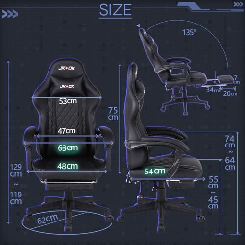 JKOOK ゲーミングチェア オットマン付き 多機能 連動ひじ掛け ゲーム用 デスクチェア 男女兼用 学習椅子 PUレザー JK08 (黒) [2]