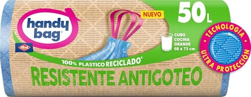 Handy Bag Bolsas de basura Resistentes Antigoteo - Bolsas para cubo de basura de cocina con cinta de autocierre y triple capa, resistente y antigoteo, 100% plástico reciclado, 50L, 8 bolsas
