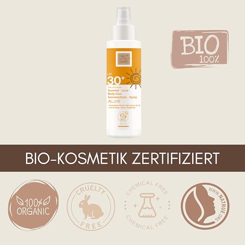 Thats me organic BIO Sonnenspray LSF 30 SUMMER-LOVE Aloe 100ml – Bio Sonnencreme für die ganze Familie – Sonnenspray Gesicht und Körper – Ohne Titandioxid – Bio Sonnencreme ohne Chemie