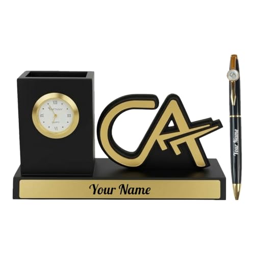 Image of Giftana 2 in 1 Personalized CA Desk Organizer with Pen Gift Set for Men and Women, Customized Pen Stand with Analog Clock, Customised Corporate Gift Set for Employee