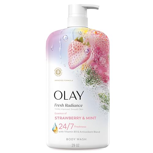 Olay Body Wash for Women, Fresh Radiance, 24/7 Skin-Loving Freshness, Visibly Radiant, Plant Based Cleansers, Vitamin B3 & Antioxidant Blend, For All Skin Types, Strawberry & Mint Scent, 29 fl oz
