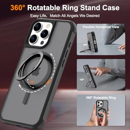 Image of Compatible with iPhone 16 Pro Case with Stand 6.3 inch,Black | Matte Translucent Phone Case for iPhone 16 Pro,360 Magnetic Ring Stand,Compatible Mag-Safe,Military Grade Protection