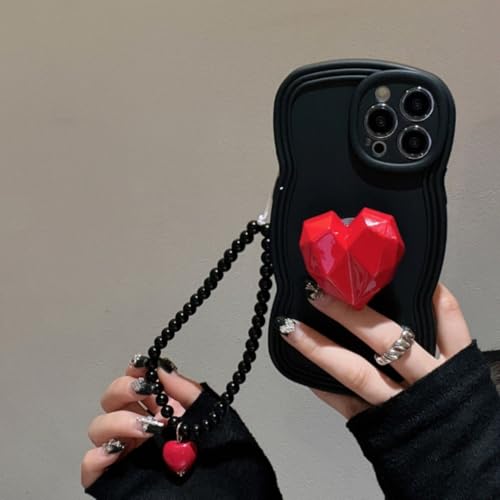 Coque de téléphone avec bracelet cœur 3D coréen pour iPhone 14 Pro Max noir