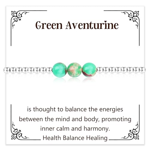 COEROW Green Natural Bead 8mm Bracelet Gemstone Mood Jewellery for Women Natural Stone Silver Bead Adjustable Birthday Gift (Green) Bead Stone Bracelet Crystal