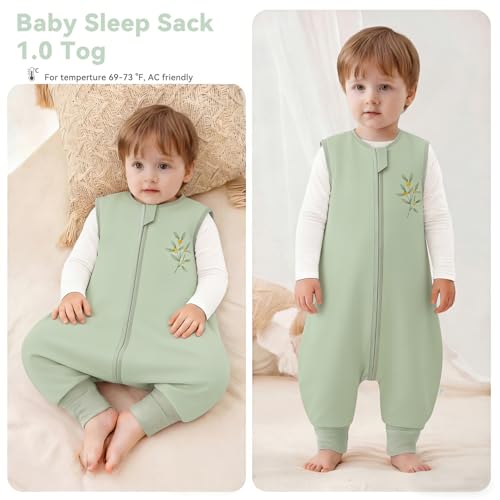 Image of Chilsuessy Toddler Sleep Sack with Feet 3-4 T, 1.0 TOG Cotton Baby Wearable Blanket with Legs, Sleep Bag Walker with 2-Way Zipper, Light Green