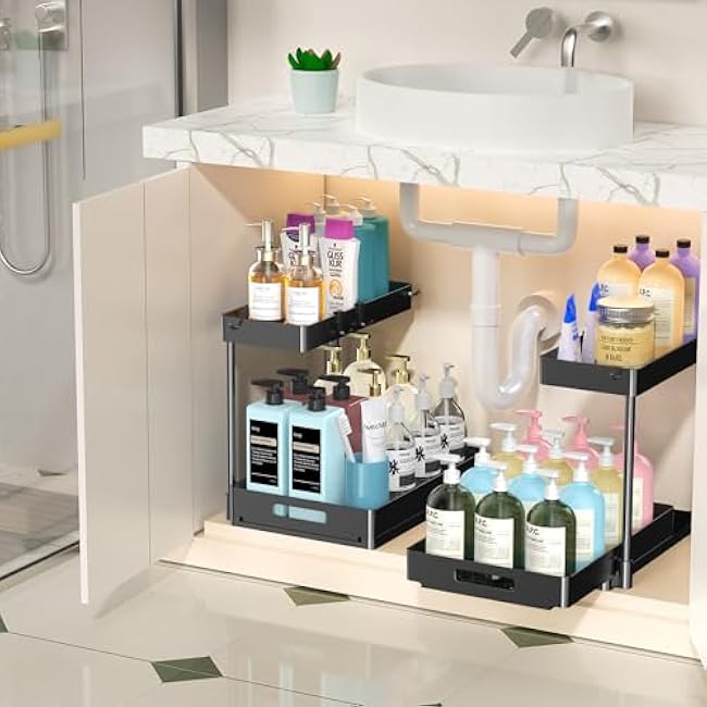 L-Shaped Under Sink Organizer, Bathroom Kitchen Sink Organizers and Storage, Under Sink Cabinet Drawer Shelf, Black