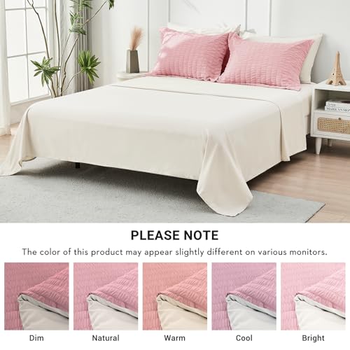Image of HYMOKEGE Pink /Ivory Full Size Comforter Sets Seersucker 7 Pieces, All Season Luxury Bed in a Bag for Bedroom, Bedding Set with Comforter, Sheets, Pillowcases & Shams