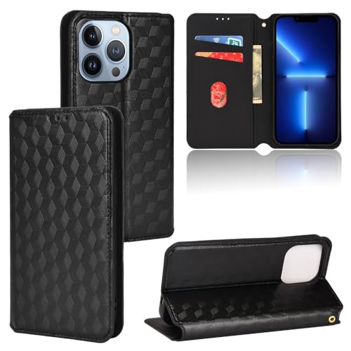 Étui portefeuille iPhone 14 noir en cuir style carbone avec clapet