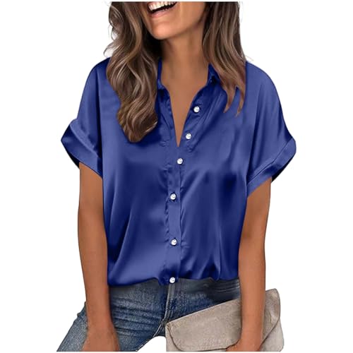 Women's Satin Blouses Silk Button Down Shirts Short Sleeve Business Casual Outfits V Neck Lapel Office Work Tops A01 Blue XX-Large