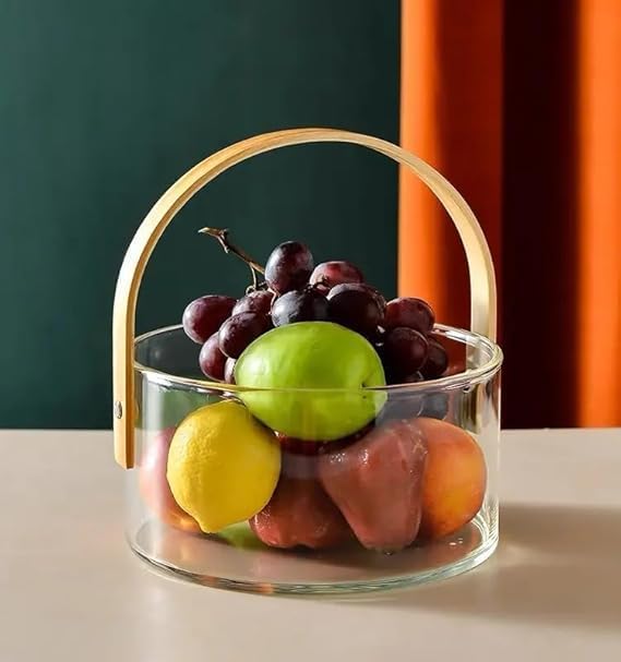 Glass Fruit Basket & Ice Bucket 2.2 LTR with Wooden Handle | Clear Decorative Storage Organizer for Fruits, Ice, Flowers & Snacks | Kitchen, Bar, Party Use (Pack of 1)