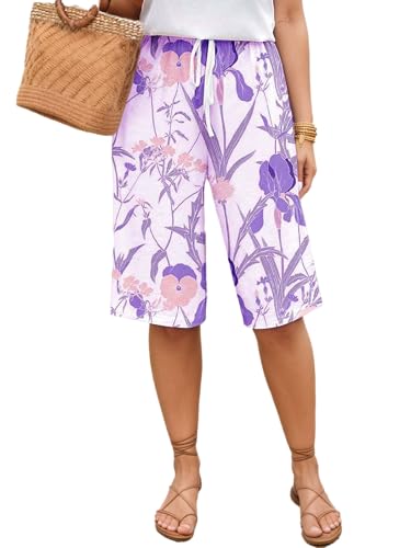 Capri Pants for Women Floral Print Wide Leg Linen Pants Lace-Up with Elastic Waist Loose Casual Lounge Trousers