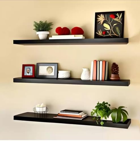 Image of Modern Floating Wall Shelves Set of 3 - Black Wooden Display Shelves for Living Room, Bedroom, Kitchen & Office | Wall Mounted Storage Rack for Books, Plants, Decor & Photos