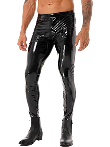 YiZYiF Pantalones Largos Moto Hombres Leggins de Cuero PU Pantalones de Charol Skinny Elásticos Disfraz Punk Traje Pole Dance Nightwear Slim Fit Negro C S