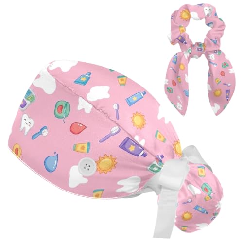 Image of Butterfly Scrub Cap Women with Ponytail & Buttons Adjustable Surgical Nurse Hat with Cotton Sweatband for Long Hair