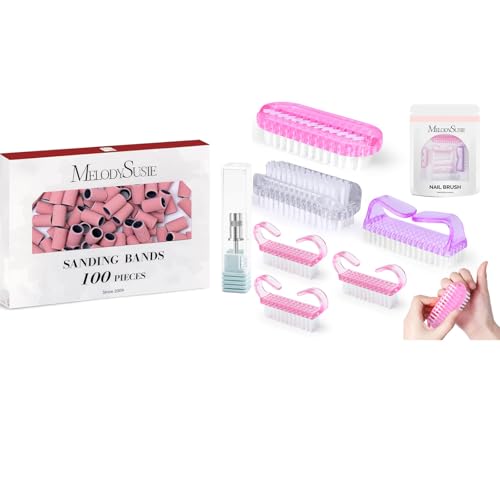 MelodySusie 100 Pcs Nail Drill Bits Sanding Bands with All in One Nail Brush Set