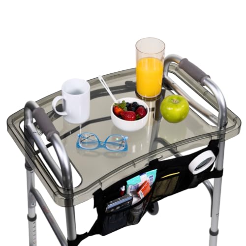 StrongArm Clear View Walker Tray + Bag + Non-Slip Mat & Cup Holder, Tray for Folding Walkers, Food Tray, Walker Accessories, Tray Table for Standard Adult Walkers (Black)