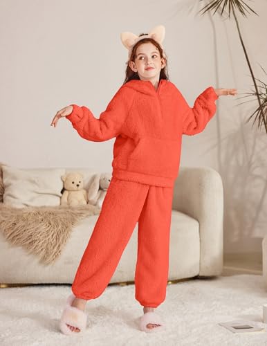 Arshiner Girls 2 Piece Outfits Drop Shoulder Hoodie Half Zip Fluffy Sweatshirt and Fleece Pants Sweatsuit4
