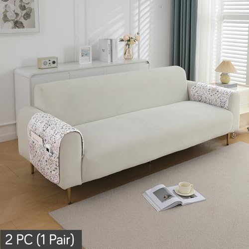 Image of HOKIPO Printed Waterproof + Anti-Slip + Quick Dry Sofa Armrest Cover with Pockets (2Pcs), Damask White (AR-5237-P9-L*2)