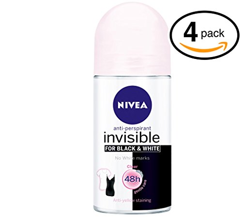 (Pack of 4 Bottles) Nivea INVISIBLE, BLACK & WHITE Women’s Roll-On Antiperspirant & Deodorant. 48-Hour Protection Against Underarm Wetness. (Pack of 4 Bottles, 1.7oz / 50ml Each Bottle)
