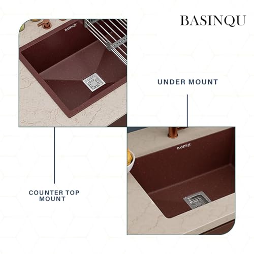Image of BASINQU Quartz Kitchen Sink 24 x 18 x 9 Inch Granite Kitchen Sink Single Bowl Brown Quartz Sink for Kitchen Basin Sound Dampening Scratch Resistant UV-Protected Noise Reducing sinks
