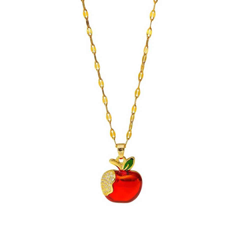 Cute Red Enamel Apple Fruit Pendant Necklace for Women Rhinestone CZ Food Charm Green Leaves Dainty Choker Link Chain Adjustable Lovely Teacher Graduation Fashion Jewelry for Mom Wife Daughter