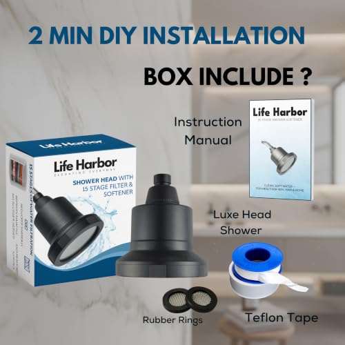 Image of Life Harbor 15-Stage Hard Water Shower Filter | Reduces Hair Fall, Dry Skin & Dandruff | KDF-55 + Activated Carbon + FOF Scale Inhibitor | 2X Active Filtration Media (Shower LUXE: Matt Black)