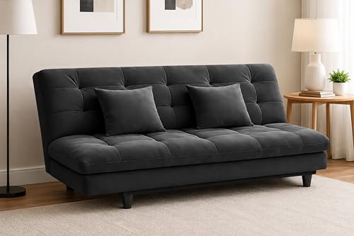 Image of Modern Velvet Convertible 3-Seater Futon Sofa Bed with Tufted Sleeper Couch with Adjustable Backrest- Living Room Furniture-Black-Color