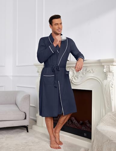 Image of Ekouaer Mens Robes Lightweight Waffle Knit Kimono Bathrobe Long Sleeve Sleepwear Soft Knee Length Robe with Pockets S-3XL