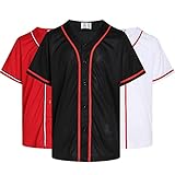Pullonsy 3 Pack Baseball Jersey for Men Women Father Button Up Mesh Classic University Team Fashion Cool Party Tops T-Shirt Black/White/Red Jersey,Men's Size 2X-Large