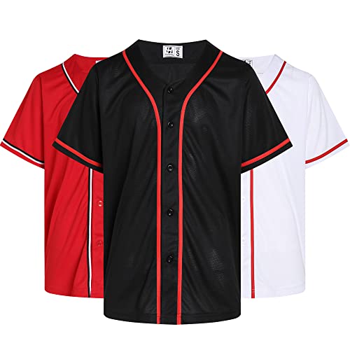Pullonsy 3 Pack Baseball Jersey for Men Women Father Button Up Mesh Classic University Team Fashion Cool Party Tops T-Shirt Black/White/Red Jersey,Men's Size 2X-Large