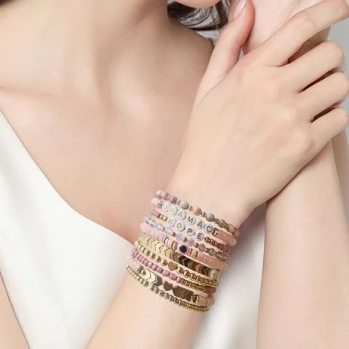 Beaded Bracelets Gifts For Women - Boho Bracelet Gifts for Mom Birthday Colorful Clay Stackeable Bracelet for Summer Beach 10-piece (mama)3
