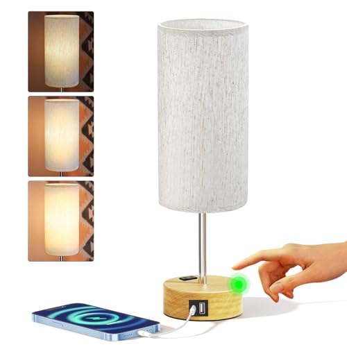 Image of KPQ Small Bedside Lamp Touch Control Table Lamp with USB A+C Charging Ports & AC Outlet 3-Way Dimmable Nightstand Lamp with Linen Fabric Shade for Bedroom Living Room