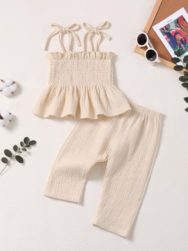 Toddler Infant Girls Clothes Solid Color Sleeveless Ruffle Halter Tops Camisole Linen Pants Set Baby Summer Outfits2