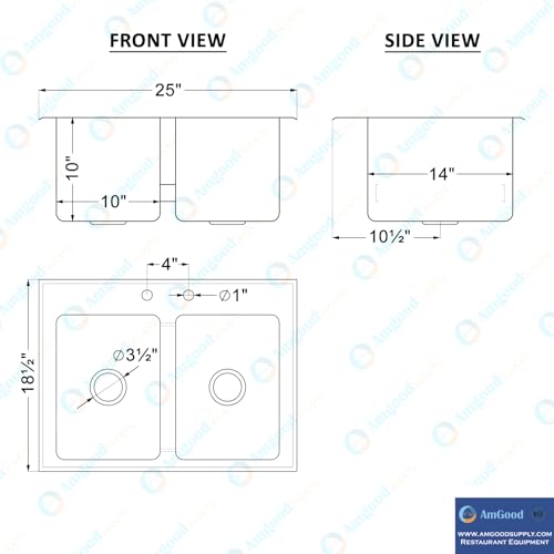 Image of Stainless Steel 2 Compartment Drop-In Sink. Bowl 10 in. x 14 in. x 10 in. No Faucet