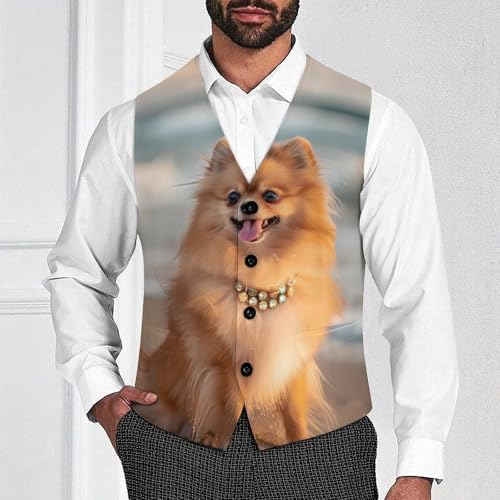 Pomeranian Dog Beach Men's Suit Vest Waistcoat Vests Formal Dress with 2 Pockets for Business Casual Tuxedo2