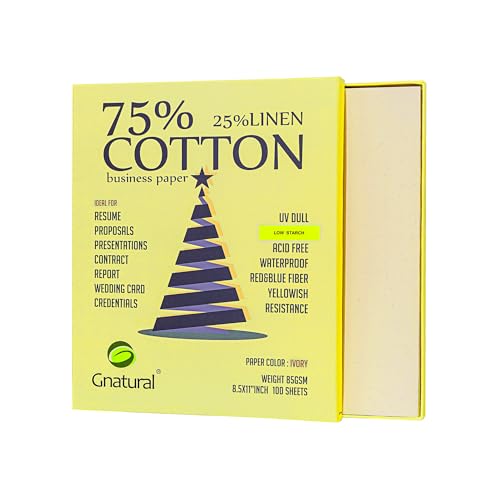 75% Cotton 25% Linen Business Paper, Ivory 85gsm 8.5'W x 11'L Resume Paper, Won't Get Wet Printing Paper 100/Box with Low Starch
