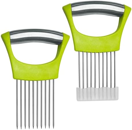 2 Pcs Onion Slicer holder,Premium Vegetable Slicing Tool for Potato and Tomato, Food Cutter Assistant Tool for Slicing Fruit Lemon and Meat, Stainless Steel Kitchen Tool, (Green)