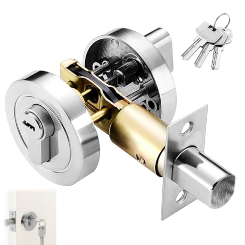 Deadbolt Door Lock, Round Internal Door Lock with Key, Dead Bolts for Internal Doors, 35-50mm Zinc Alloy Security Gate Locks for Bedroom, Entrance Passage (Silver)